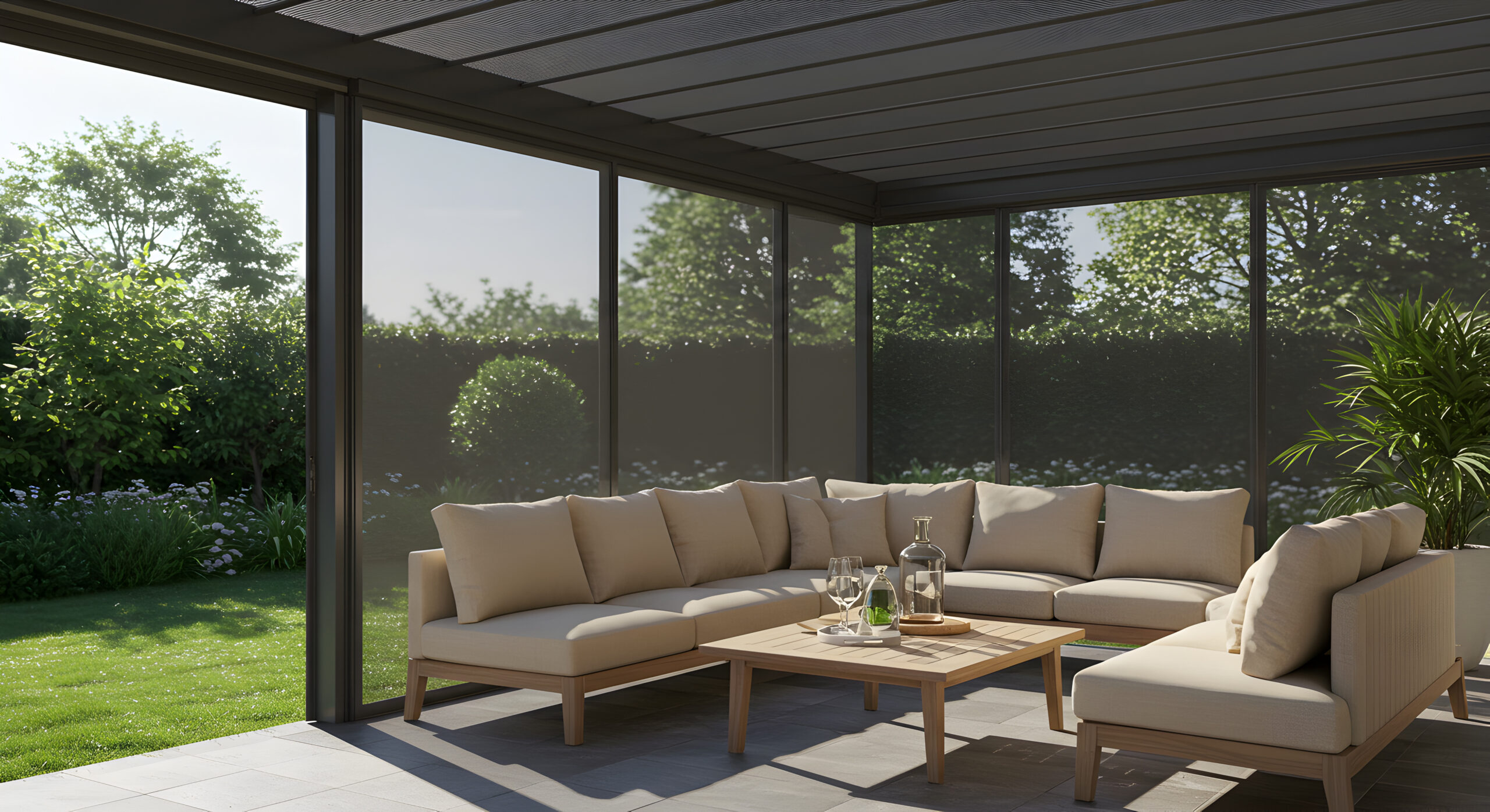 Sunny covered patio with motorized shade screens protecting outdoor living space