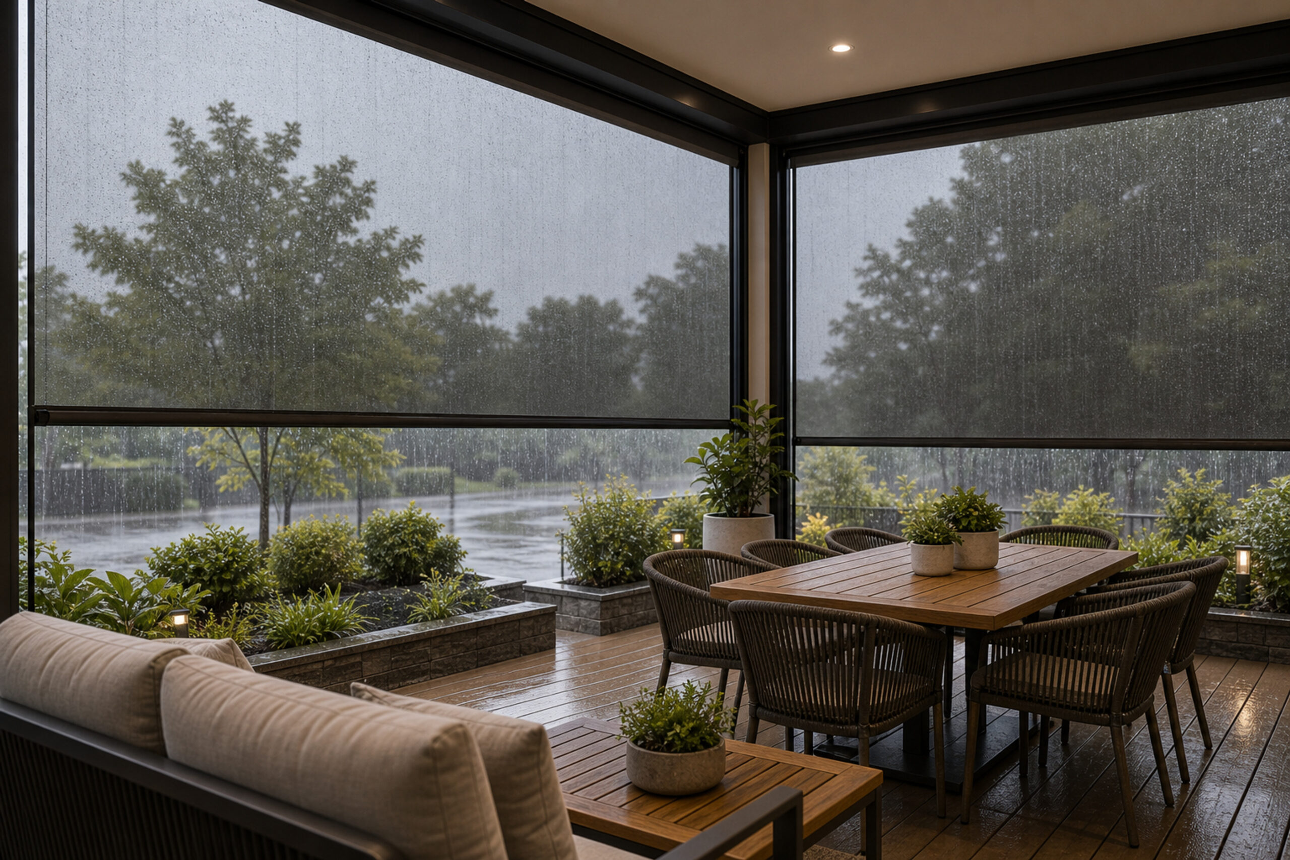 Motorized clear screens deployed protecting patio furniture during heavy rain