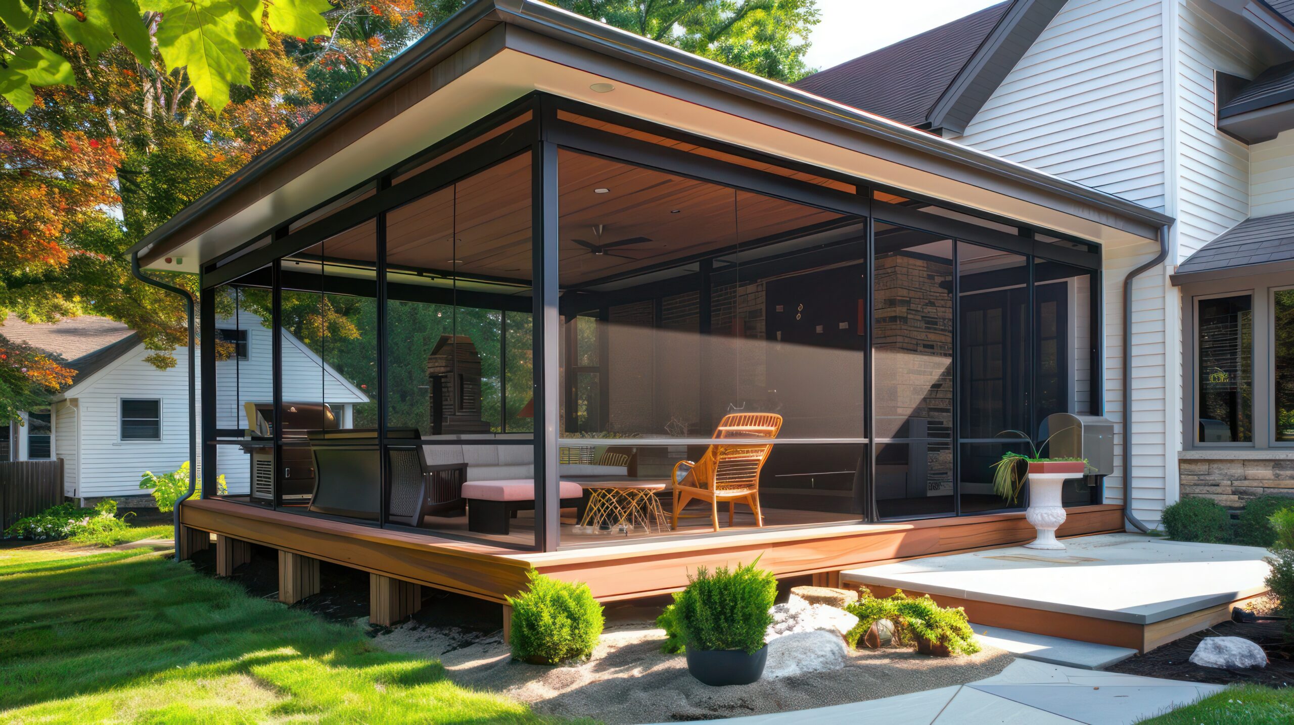 Screened porch with motorized retractable insect screens for outdoor privacy in Oregon